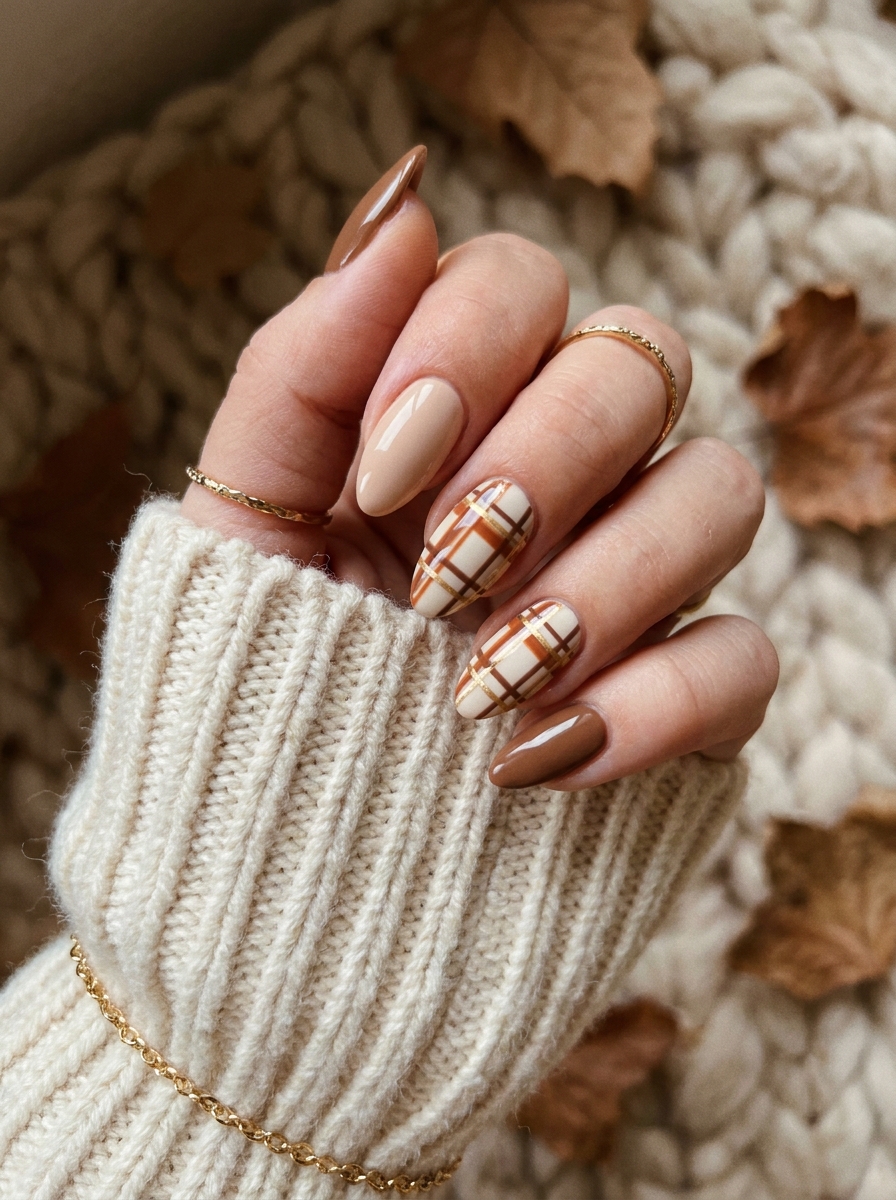 Plaid Accent Almond Nails als Almond Fall Nails Inspiration 2026
